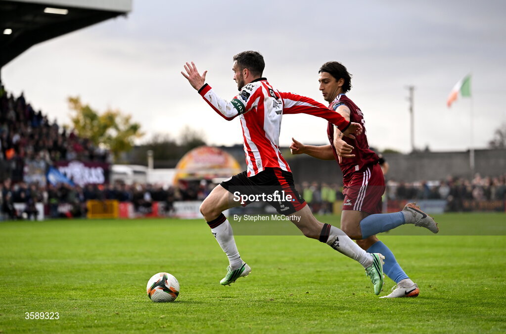 10 October 2026; Michael Duffy of Derry City and Gianfranco Facchineri of Galway United during the Club Orange Men's FAI Cup semi-final match between Galway and Derry City at Eamonn Deacy Park in Galway. Photo by Stephen McCarthy/Sportsfile