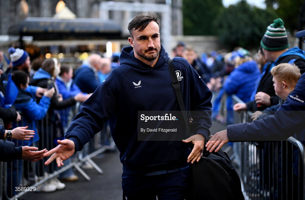 10 October 2026; Rónan Kelleher of Leinster arrives before the United Rugby Championship match between Leinster and Cardiff at the Laya Arena in Dublin. Photo by David Fitzgerald/Sportsfile