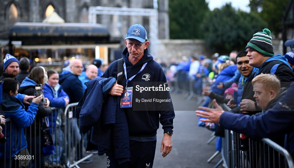 10 October 2026; Leinster head coach Leo Cullen arrives before the United Rugby Championship match between Leinster and Cardiff at the Laya Arena in Dublin. Photo by David Fitzgerald/Sportsfile
