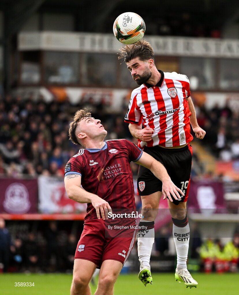 10 October 2026; Brandon Fleming of Derry City in action against Ed McCarthy of Galway United during the Club Orange Men's FAI Cup semi-final match between Galway and Derry City at Eamonn Deacy Park in Galway. Photo by Stephen McCarthy/Sportsfile