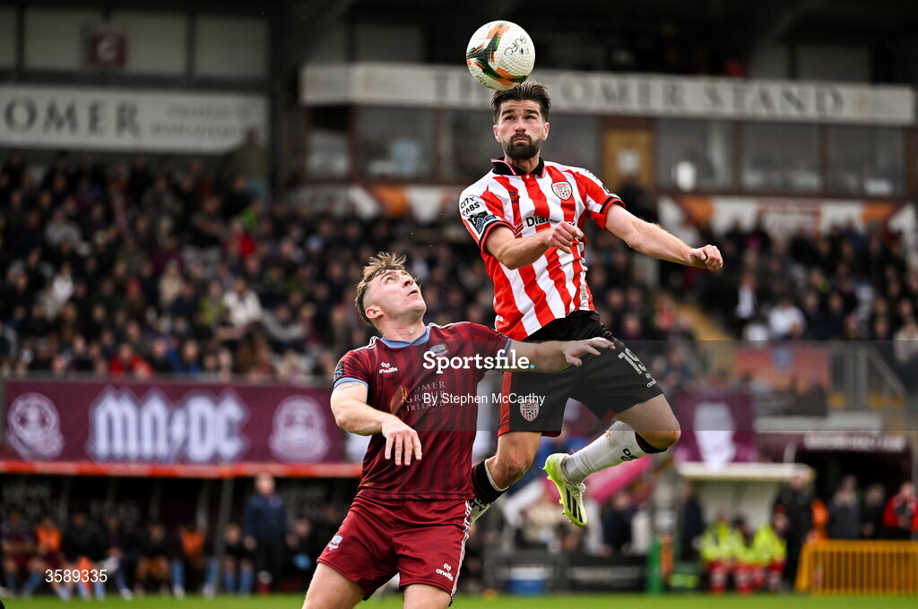 10 October 2026; Brandon Fleming of Derry City in action against Ed McCarthy of Galway United during the Club Orange Men's FAI Cup semi-final match between Galway and Derry City at Eamonn Deacy Park in Galway. Photo by Stephen McCarthy/Sportsfile