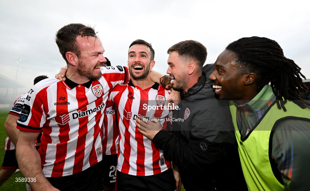 10 October 2026; Derry City players, from left, Cameron Dummigan, Michael Duffy, Brian Maher and Kevin dos Santos celebrate following the Club Orange Men's FAI Cup semi-final match between Galway and Derry City at Eamonn Deacy Park in Galway. Photo by Stephen McCarthy/Sportsfile