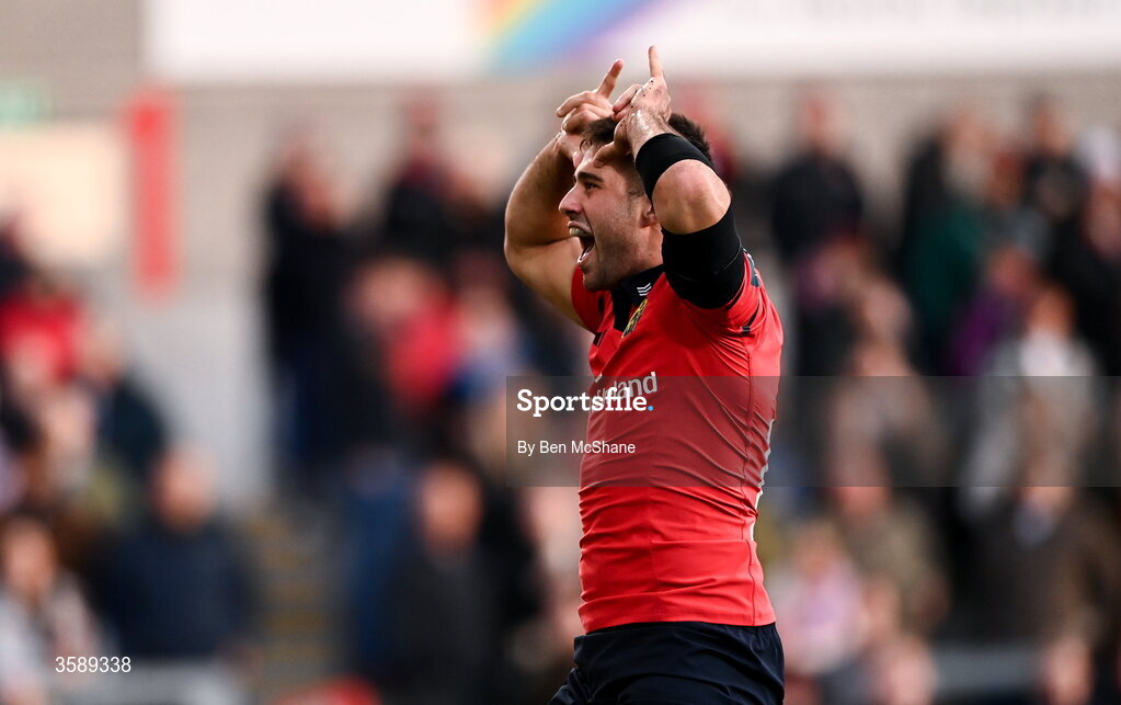 10 October 2026; Dan Kelly of Munster celebrates after scoring his side's third try during the United Rugby Championship match between Ulster and Munster at Affidea Stadium in Belfast. Photo by Ben McShane/Sportsfile