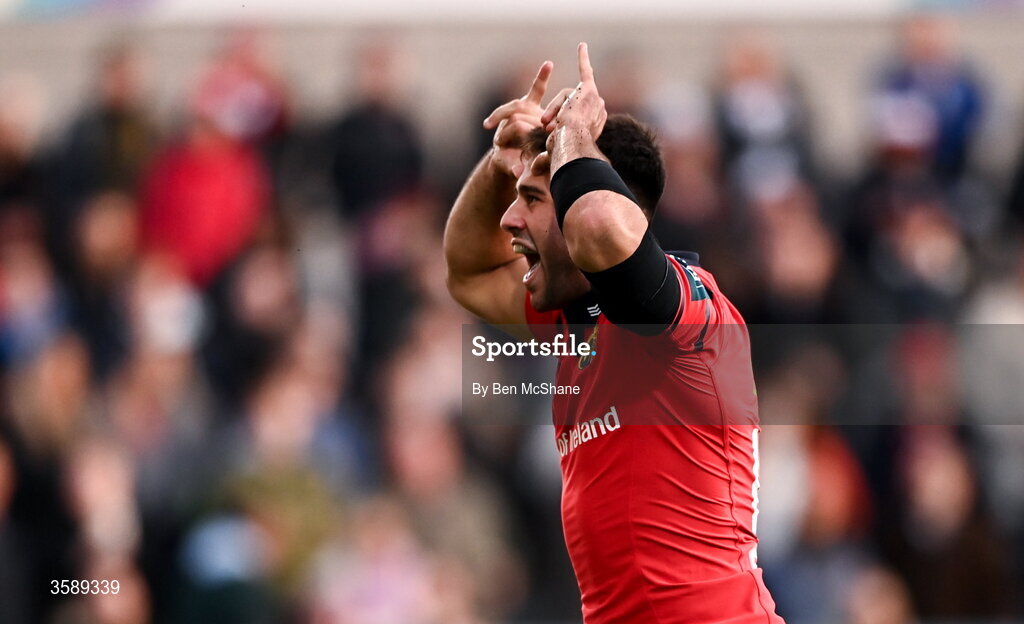 10 October 2026; Dan Kelly of Munster celebrates after scoring his side's third try during the United Rugby Championship match between Ulster and Munster at Affidea Stadium in Belfast. Photo by Ben McShane/Sportsfile