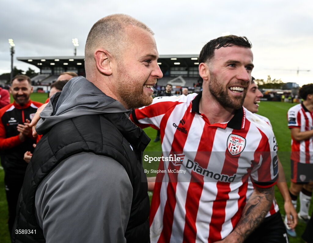 10 October 2026; Derry City interim manager Mark Connolly and Patrick McClean celebrate following the Club Orange Men's FAI Cup semi-final match between Galway and Derry City at Eamonn Deacy Park in Galway. Photo by Stephen McCarthy/Sportsfile