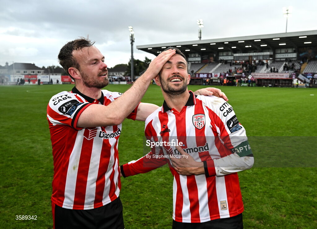 10 October 2026; Cameron Dummigan, left, and Michael Duffy of Derry City celebrate following the Club Orange Men's FAI Cup semi-final match between Galway and Derry City at Eamonn Deacy Park in Galway. Photo by Stephen McCarthy/Sportsfile