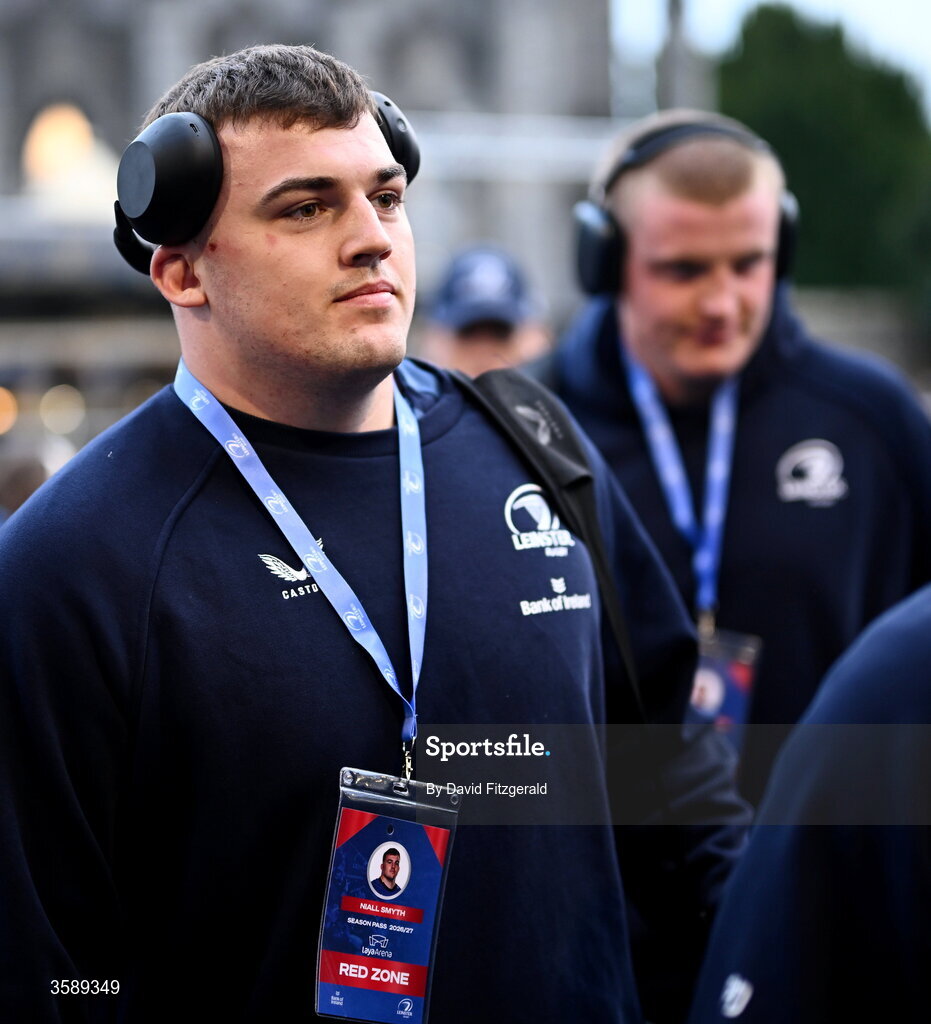 10 October 2026; Niall Smyth of Leinster arrives before the United Rugby Championship match between Leinster and Cardiff at the Laya Arena in Dublin. Photo by David Fitzgerald/Sportsfile