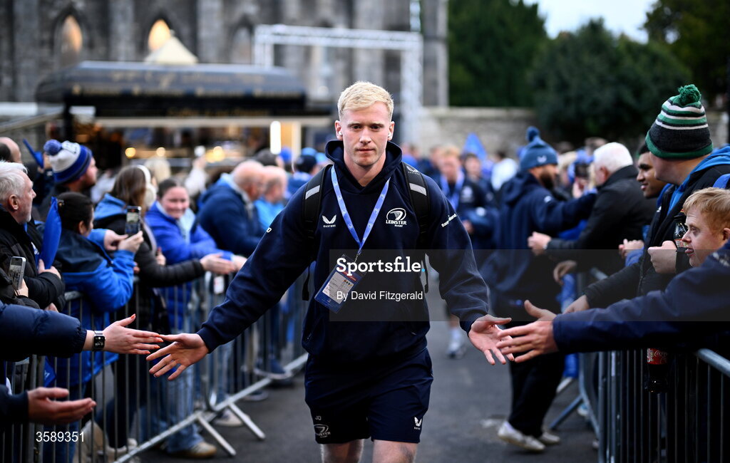 10 October 2026; Jamie Osborne of Leinster arrives before the United Rugby Championship match between Leinster and Cardiff at the Laya Arena in Dublin. Photo by David Fitzgerald/Sportsfile