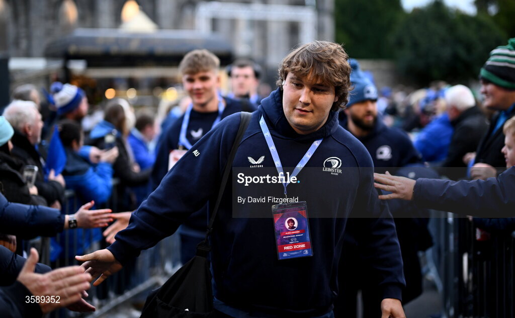 10 October 2026; Alex Usanov of Leinster arrives before the United Rugby Championship match between Leinster and Cardiff at the Laya Arena in Dublin. Photo by David Fitzgerald/Sportsfile
