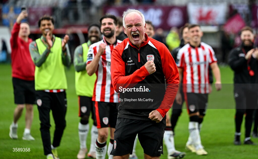 10 October 2026; Derry City kitman George Harkin celebrates after the Club Orange Men's FAI Cup semi-final match between Galway and Derry City at Eamonn Deacy Park in Galway. Photo by Stephen McCarthy/Sportsfile