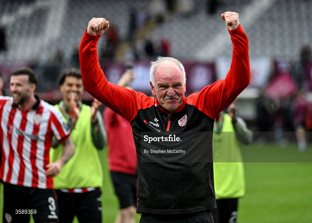 10 October 2026; Derry City kitman George Harkin celebrates after the Club Orange Men's FAI Cup semi-final match between Galway and Derry City at Eamonn Deacy Park in Galway. Photo by Stephen McCarthy/Sportsfile