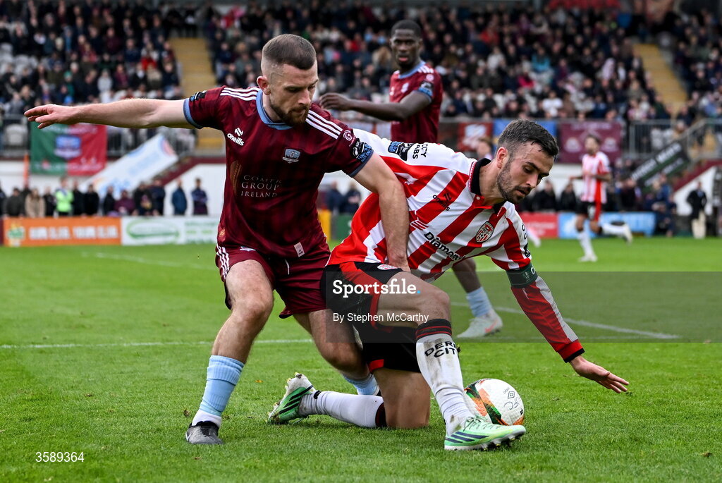10 October 2026; Michael Duffy of Derry City in action against Aaron Bolger of Galway United during the Club Orange Men's FAI Cup semi-final match between Galway and Derry City at Eamonn Deacy Park in Galway. Photo by Stephen McCarthy/Sportsfile