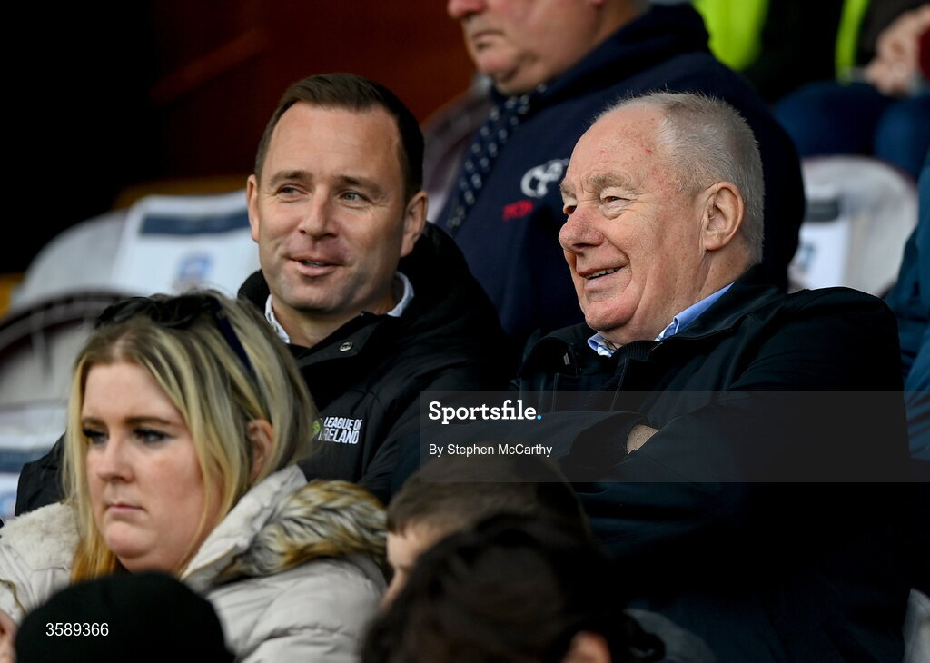 10 October 2026; League of Ireland director Mark Scanlon, left, and FAI’s national league committee member Michael Ring during the Club Orange Men's FAI Cup semi-final match between Galway and Derry City at Eamonn Deacy Park in Galway. Photo by Stephen McCarthy/Sportsfile