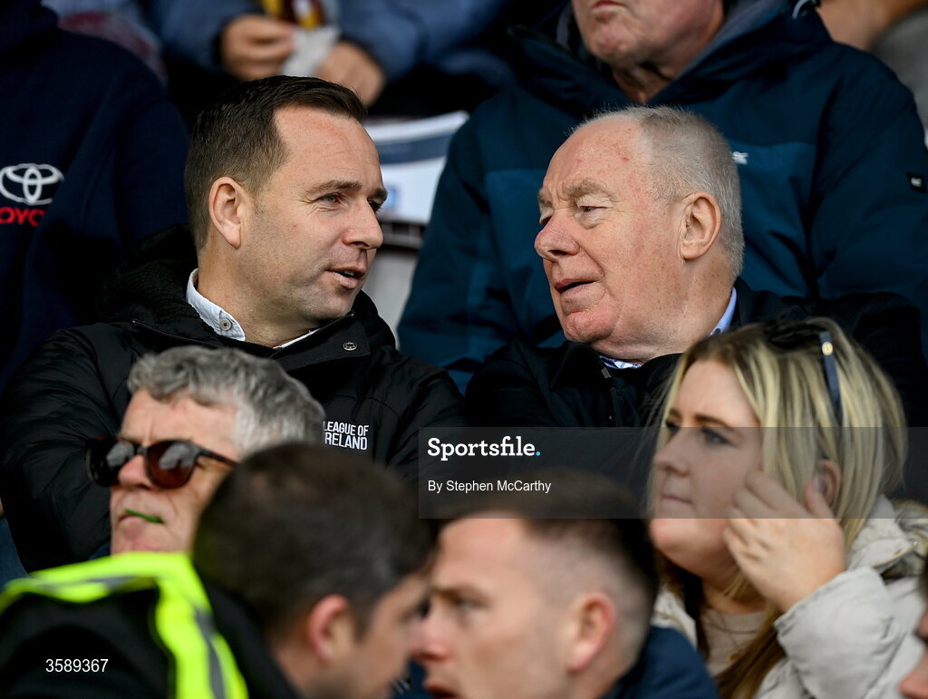10 October 2026; League of Ireland director Mark Scanlon, left, and FAI’s national league committee member Michael Ring during the Club Orange Men's FAI Cup semi-final match between Galway and Derry City at Eamonn Deacy Park in Galway. Photo by Stephen McCarthy/Sportsfile