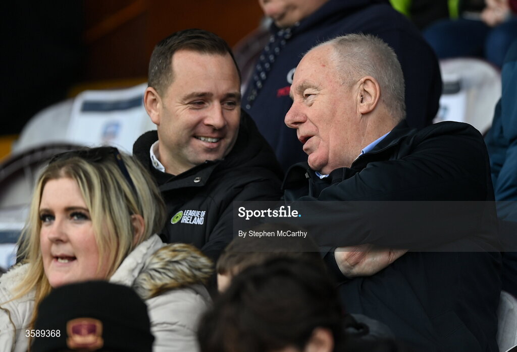 10 October 2026; League of Ireland director Mark Scanlon, left, and FAI’s national league committee member Michael Ring during the Club Orange Men's FAI Cup semi-final match between Galway and Derry City at Eamonn Deacy Park in Galway. Photo by Stephen McCarthy/Sportsfile
