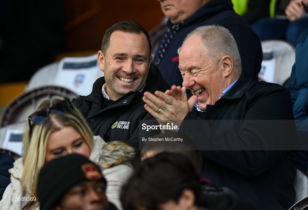 10 October 2026; League of Ireland director Mark Scanlon, left, and FAI’s national league committee member Michael Ring during the Club Orange Men's FAI Cup semi-final match between Galway and Derry City at Eamonn Deacy Park in Galway. Photo by Stephen McCarthy/Sportsfile