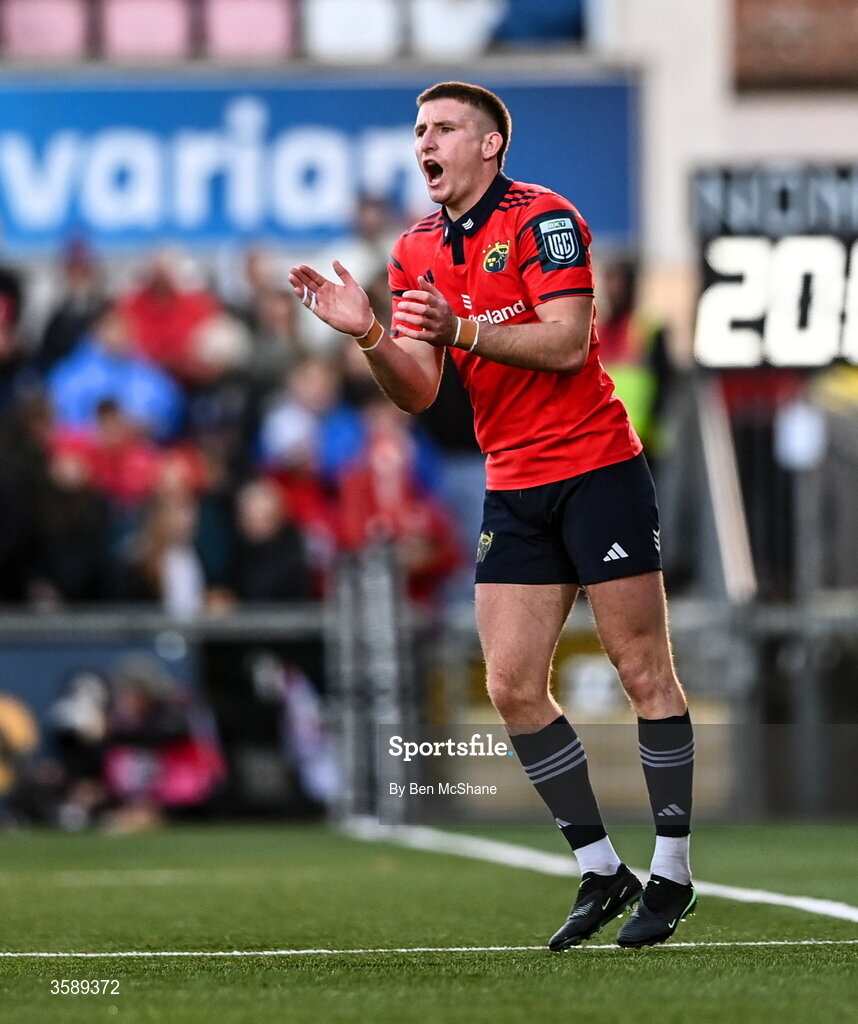 10 October 2026; Ben O'Connor of Munster encourages his teammates during the United Rugby Championship match between Ulster and Munster at Affidea Stadium in Belfast. Photo by Ben McShane/Sportsfile