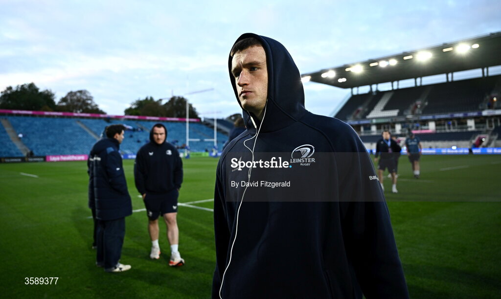 10 October 2026; Oliver Coffey of Leinster walks the pitch before the United Rugby Championship match between Leinster and Cardiff at the Laya Arena in Dublin. Photo by David Fitzgerald/Sportsfile