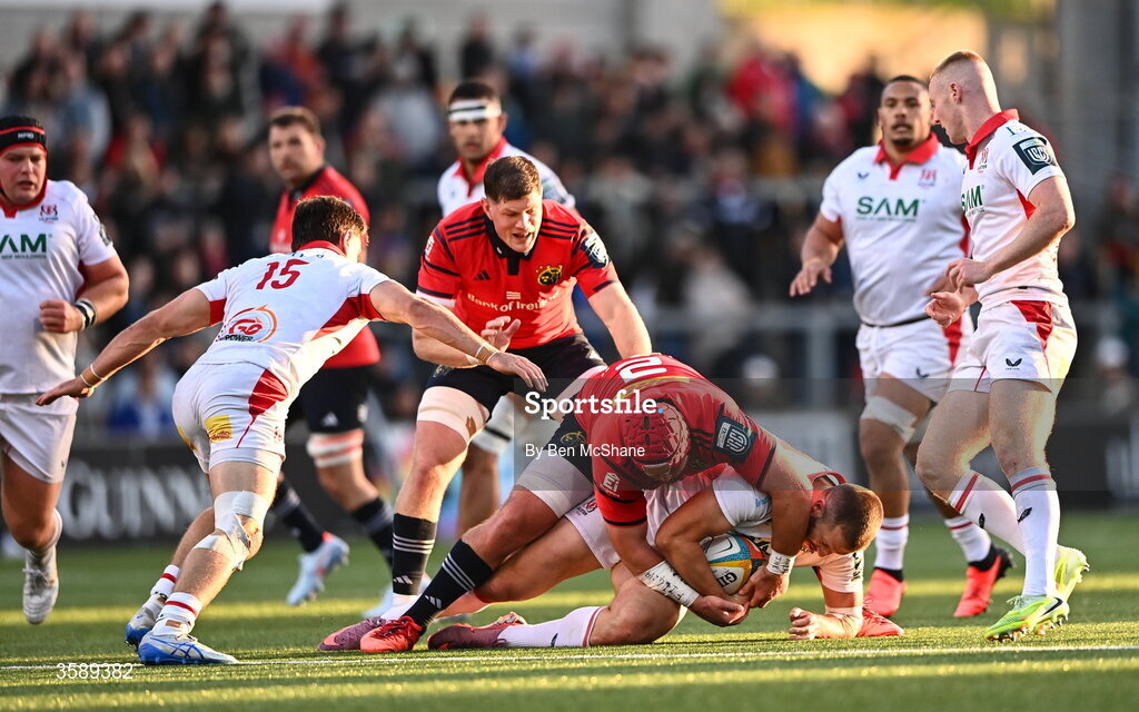 10 October 2026; Iain Henderson of Ulster is tackled by Marnus van der Merwe of Munsterduring the United Rugby Championship match between Ulster and Munster at Affidea Stadium in Belfast. Photo by Ben McShane/Sportsfile