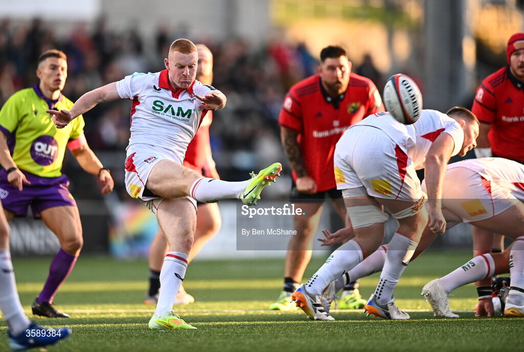 10 October 2026; Nathan Doak of Ulster kicks clear during the United Rugby Championship match between Ulster and Munster at Affidea Stadium in Belfast. Photo by Ben McShane/Sportsfile