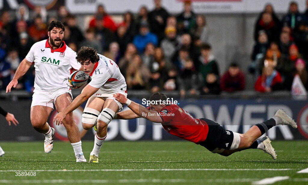 10 October 2026; Dave McCann of Ulster is tackled by Jack O'Donoghue of Munster during the United Rugby Championship match between Ulster and Munster at Affidea Stadium in Belfast. Photo by Ben McShane/Sportsfile