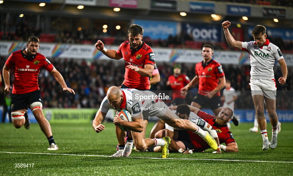 10 October 2026; Jacob Stockdale of Ulster scores his side's second try during the United Rugby Championship match between Ulster and Munster at Affidea Stadium in Belfast. Photo by Ben McShane/Sportsfile