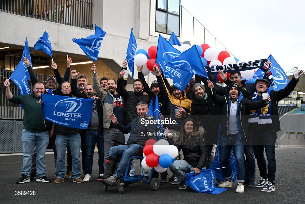 10 October 2026; Montpellier rugby club RCO Salagou members arrive before the United Rugby Championship match between Leinster and Cardiff at the Laya Arena in Dublin. Photo by Mark Kavanagh/Sportsfile