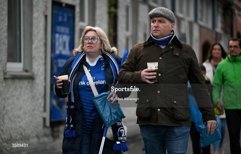 10 October 2026; Leinster supporters arrive before the United Rugby Championship match between Leinster and Cardiff at the Laya Arena in Dublin. Photo by Mark Kavanagh/Sportsfile