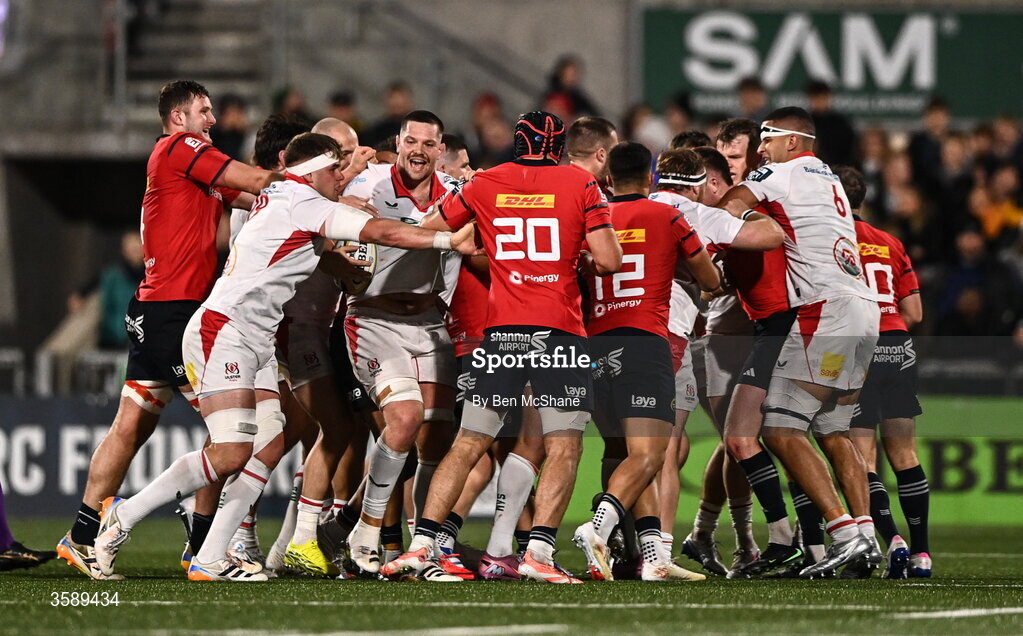10 October 2026; Players from both sides tussle during the United Rugby Championship match between Ulster and Munster at Affidea Stadium in Belfast. Photo by Ben McShane/Sportsfile