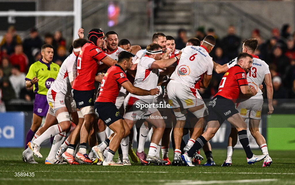 10 October 2026; Players from both sides tussle during the United Rugby Championship match between Ulster and Munster at Affidea Stadium in Belfast. Photo by Ben McShane/Sportsfile