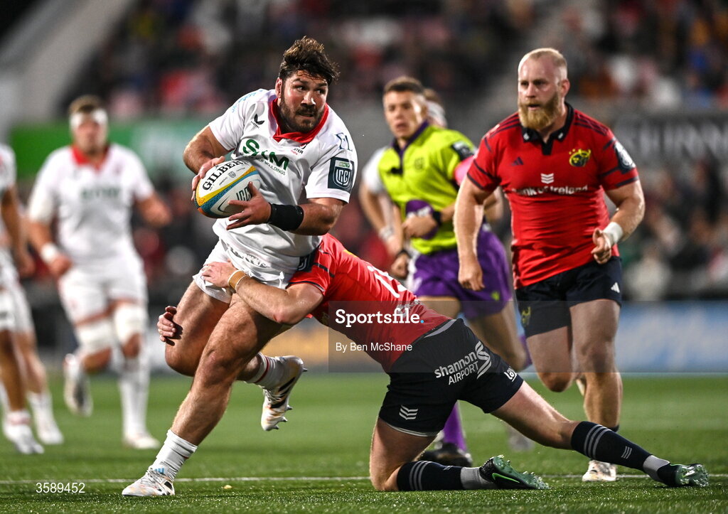 10 October 2026; Tom O'Toole of Ulster is tackled by Ben O'Connor of Munster during the United Rugby Championship match between Ulster and Munster at Affidea Stadium in Belfast. Photo by Ben McShane/Sportsfile