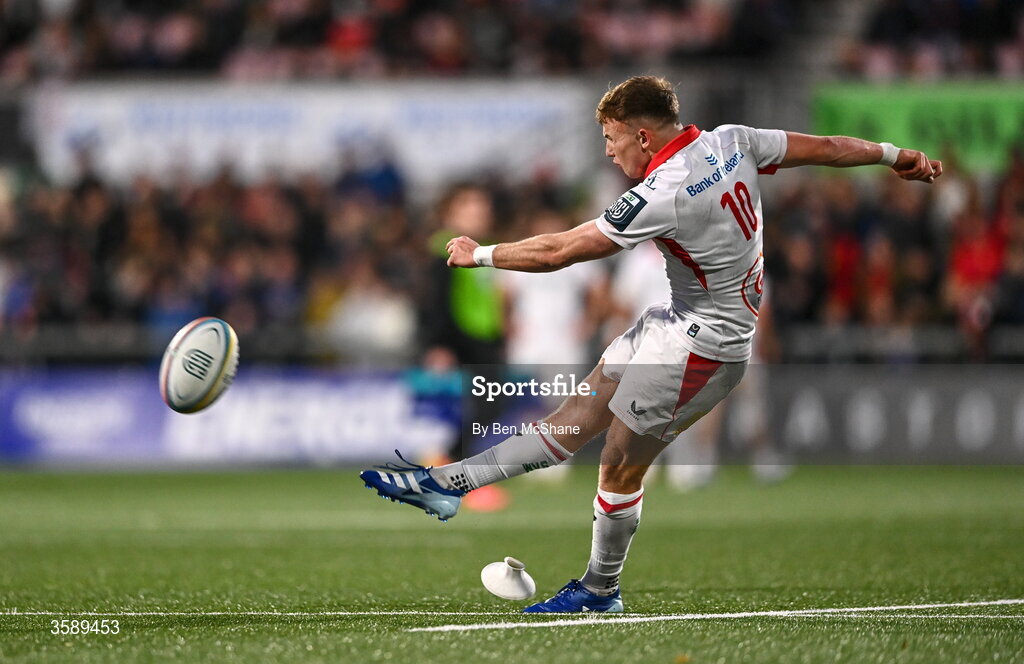 10 October 2026; Jack Murphy of Ulster kicks a conversion  during the United Rugby Championship match between Ulster and Munster at Affidea Stadium in Belfast. Photo by Ben McShane/Sportsfile