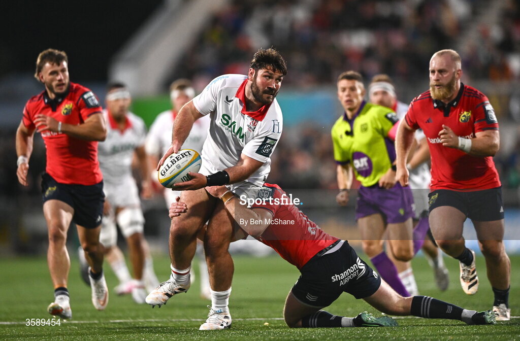 10 October 2026; Tom O'Toole of Ulster is tackled by Ben O'Connor of Munster during the United Rugby Championship match between Ulster and Munster at Affidea Stadium in Belfast. Photo by Ben McShane/Sportsfile