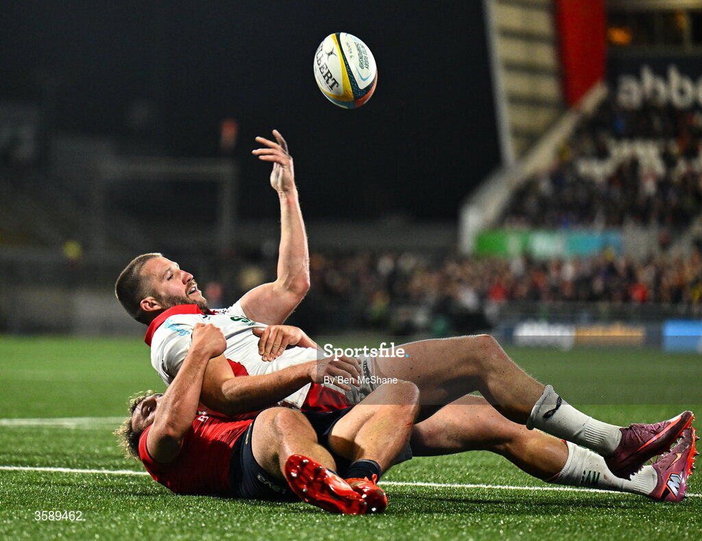 10 October 2026; Stuart McCloskey of Ulster celebrates after scoring his side's fourth try during the United Rugby Championship match between Ulster and Munster at Affidea Stadium in Belfast. Photo by Ben McShane/Sportsfile