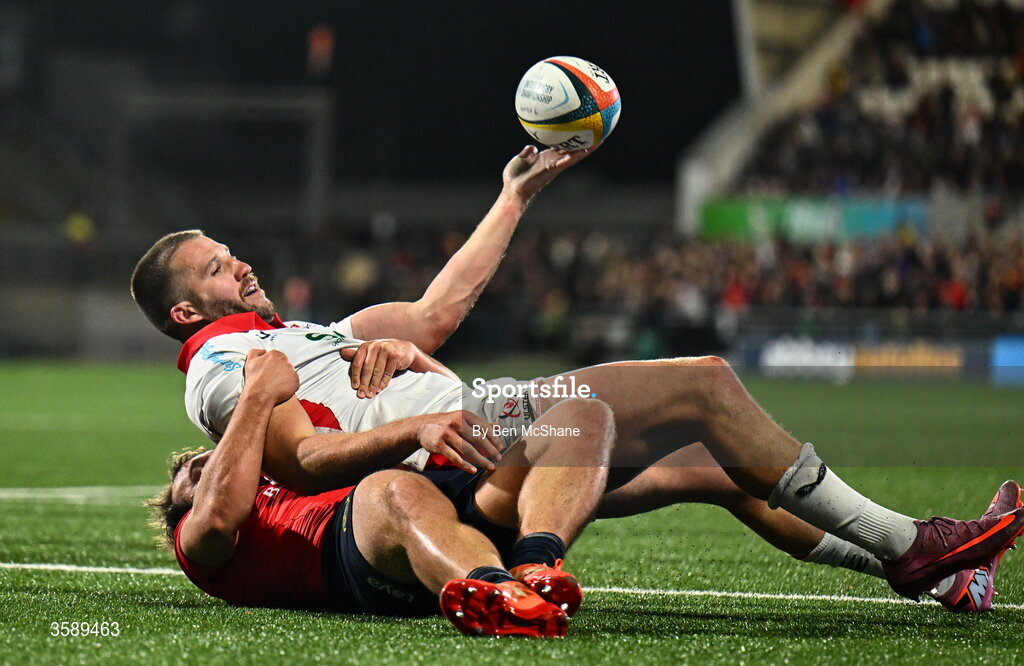 10 October 2026; Stuart McCloskey of Ulster celebrates after scoring his side's fourth try during the United Rugby Championship match between Ulster and Munster at Affidea Stadium in Belfast. Photo by Ben McShane/Sportsfile