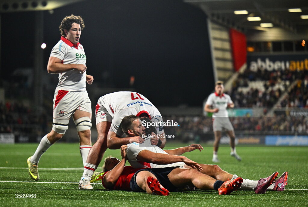10 October 2026; Stuart McCloskey of Ulster celebrates with teammate Tom O'Toole, 17, after scoring their side's fourth try during the United Rugby Championship match between Ulster and Munster at Affidea Stadium in Belfast. Photo by Ben McShane/Sportsfile