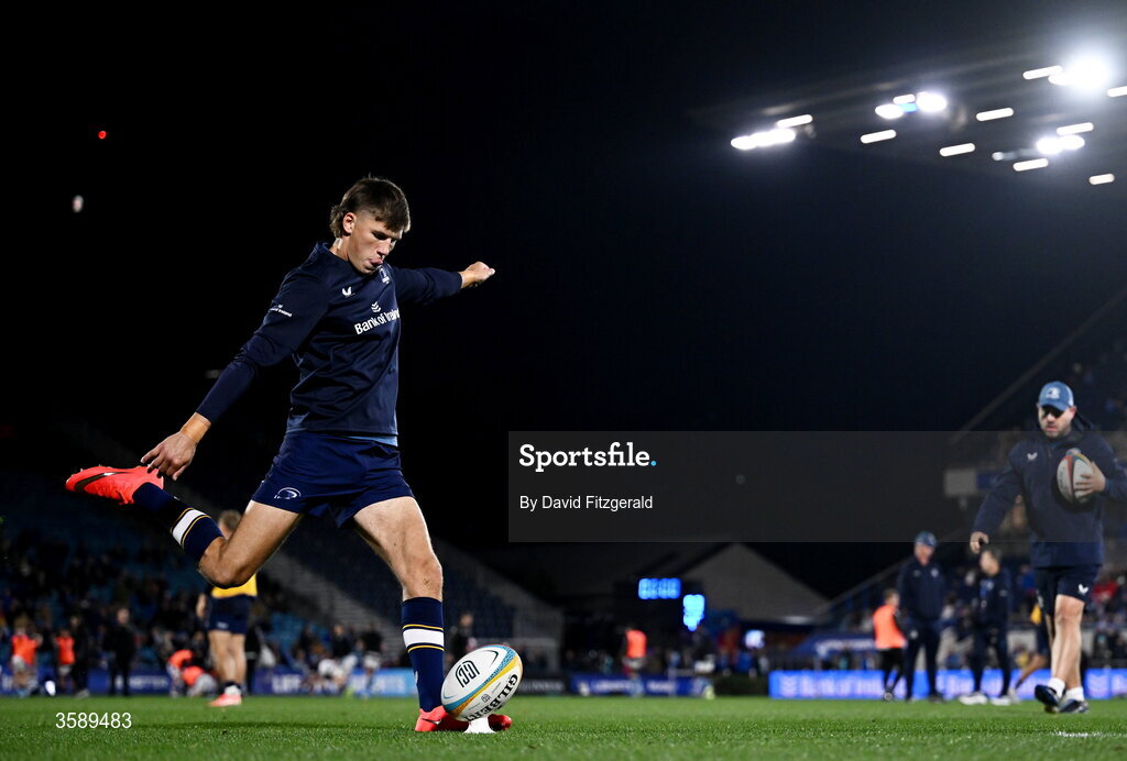 10 October 2026; Sam Prendergast of Leinster warms up before the United Rugby Championship match between Leinster and Cardiff at the Laya Arena in Dublin. Photo by David Fitzgerald/Sportsfile