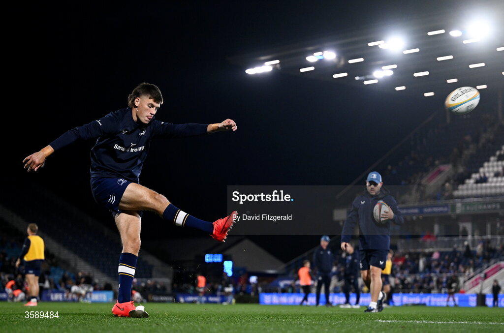 10 October 2026; Sam Prendergast of Leinster warms up before the United Rugby Championship match between Leinster and Cardiff at the Laya Arena in Dublin. Photo by David Fitzgerald/Sportsfile