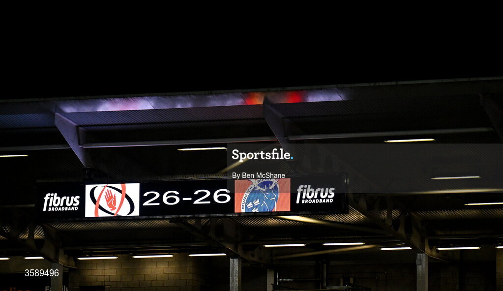 10 October 2026; A view of the final score on the scoreboard after the drawn United Rugby Championship match between Ulster and Munster at Affidea Stadium in Belfast. Photo by Ben McShane/Sportsfile