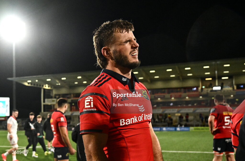 10 October 2026; Alex Nankivell of Munster reacts after his side's draw in the United Rugby Championship match between Ulster and Munster at Affidea Stadium in Belfast. Photo by Ben McShane/Sportsfile