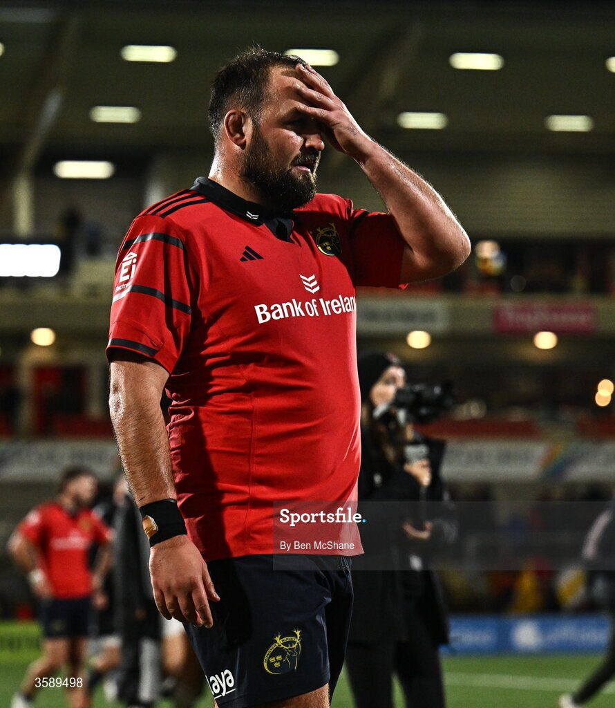 10 October 2026; Jack Aungier of Munster reacts after his side's draw in the United Rugby Championship match between Ulster and Munster at Affidea Stadium in Belfast. Photo by Ben McShane/Sportsfile