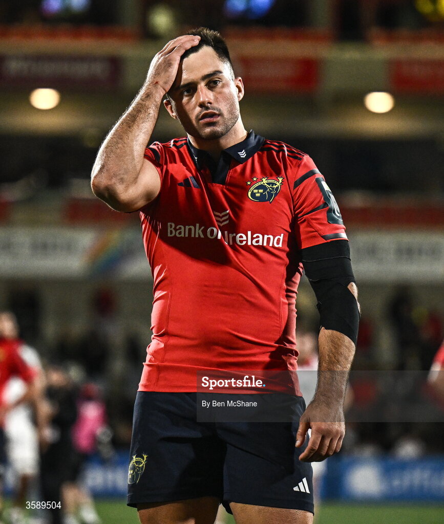 10 October 2026; Dan Kelly of Munster reacts after his side's draw in the United Rugby Championship match between Ulster and Munster at Affidea Stadium in Belfast. Photo by Ben McShane/Sportsfile