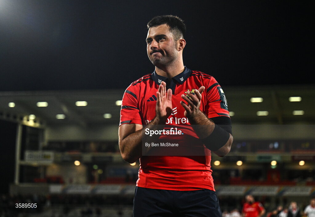 10 October 2026; Dan Kelly of Munster reacts after his side's draw in the United Rugby Championship match between Ulster and Munster at Affidea Stadium in Belfast. Photo by Ben McShane/Sportsfile