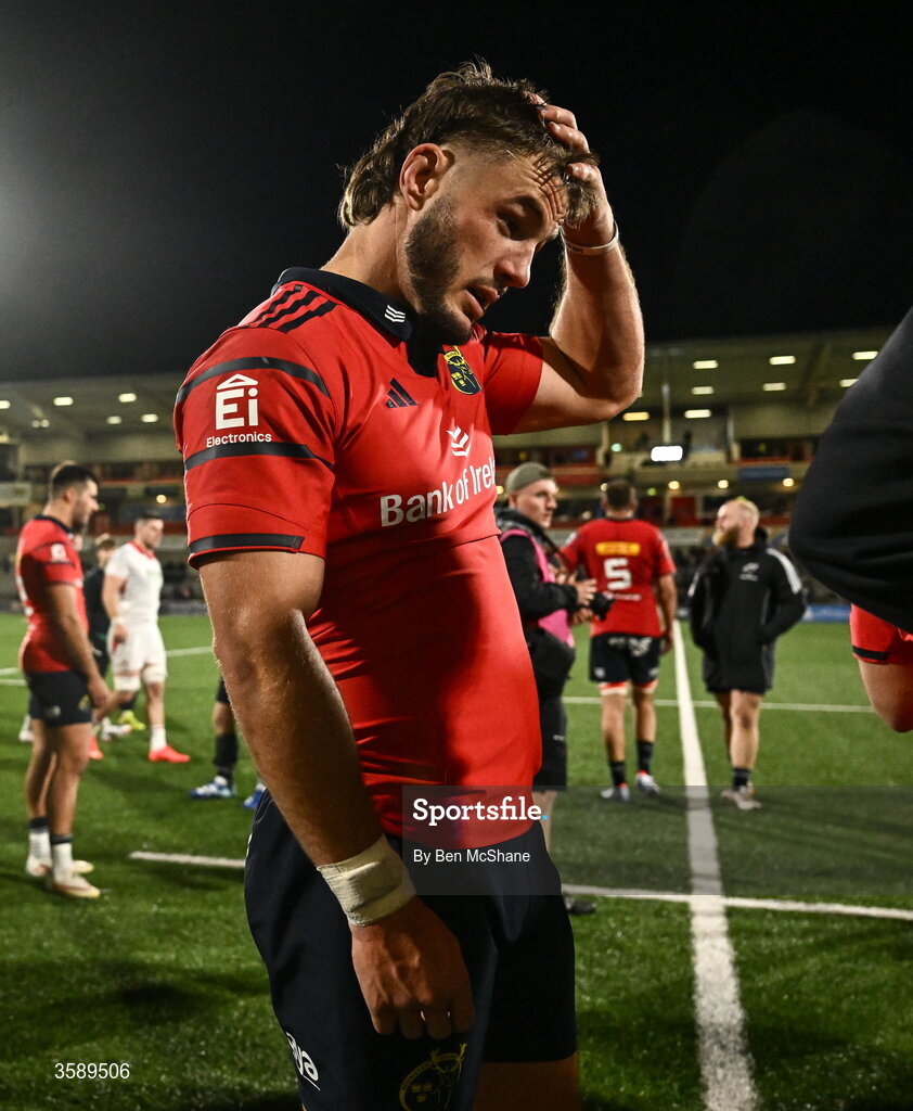 10 October 2026; Alex Nankivell of Munster reacts after his side's draw in the United Rugby Championship match between Ulster and Munster at Affidea Stadium in Belfast. Photo by Ben McShane/Sportsfile