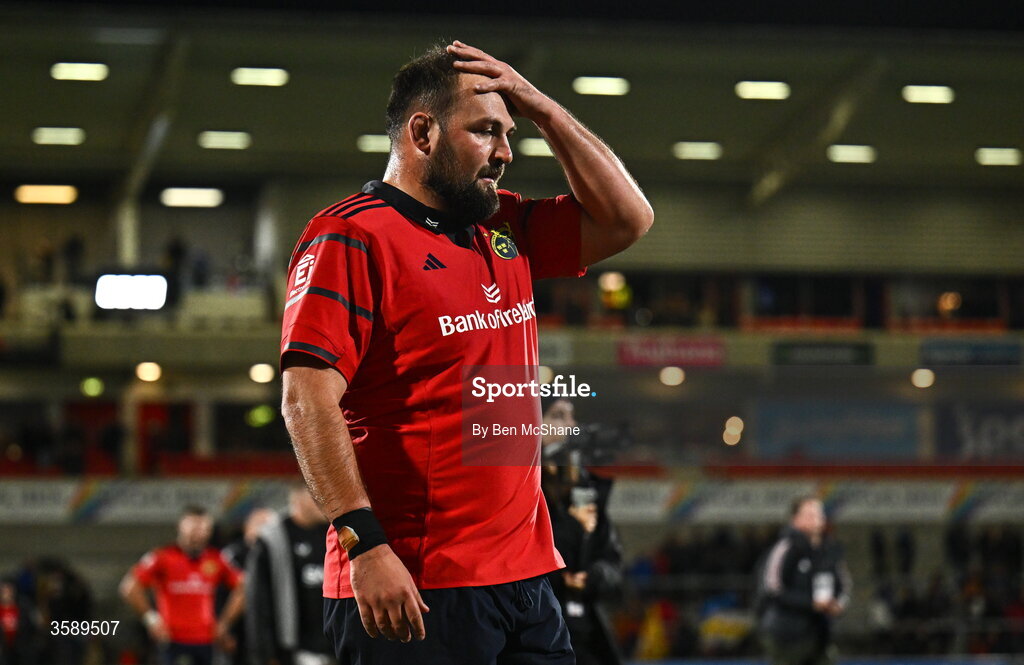 10 October 2026; Jack Aungier of Munster reacts after his side's draw in the United Rugby Championship match between Ulster and Munster at Affidea Stadium in Belfast. Photo by Ben McShane/Sportsfile