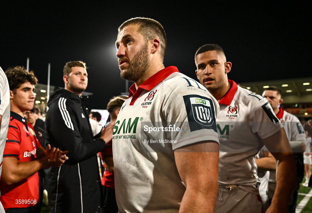 10 October 2026; Stuart McCloskey, left, and Cormac Izuchukwu of Ulster after the United Rugby Championship match between Ulster and Munster at Affidea Stadium in Belfast. Photo by Ben McShane/Sportsfile