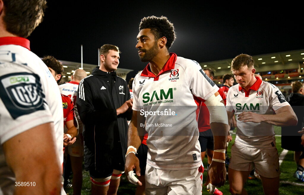 10 October 2026; Rob Baloucoune of Ulster after the United Rugby Championship match between Ulster and Munster at Affidea Stadium in Belfast. Photo by Ben McShane/Sportsfile