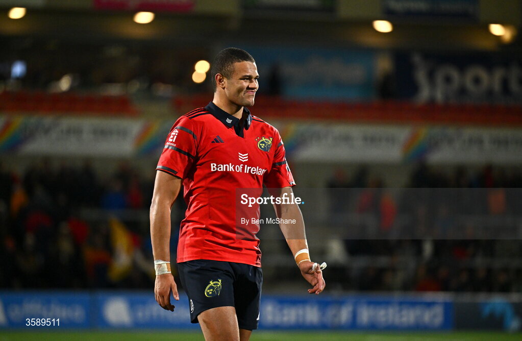 10 October 2026; Shay McCarthy of Munster reacts after his side's draw in the United Rugby Championship match between Ulster and Munster at Affidea Stadium in Belfast. Photo by Ben McShane/Sportsfile
