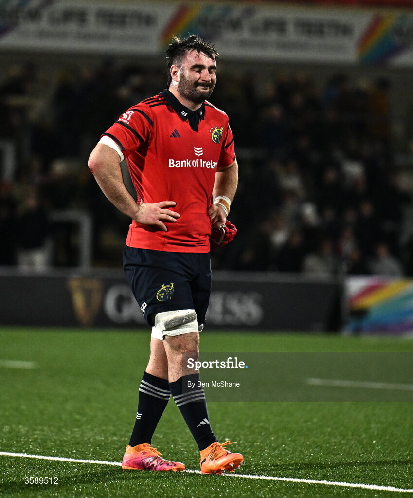 10 October 2026; John Hodnett of Munster reacts after his side's draw in the United Rugby Championship match between Ulster and Munster at Affidea Stadium in Belfast. Photo by Ben McShane/Sportsfile