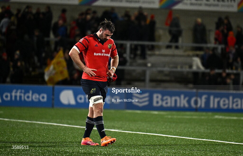 10 October 2026; John Hodnett of Munster reacts after his side's draw in the United Rugby Championship match between Ulster and Munster at Affidea Stadium in Belfast. Photo by Ben McShane/Sportsfile